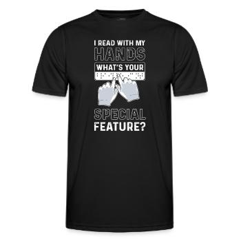 Je lis avec mes mains. Quelle est votre spécialité - T-shirt sport Homme - noir - Devant - AI Model Male 178 dark (178cm)