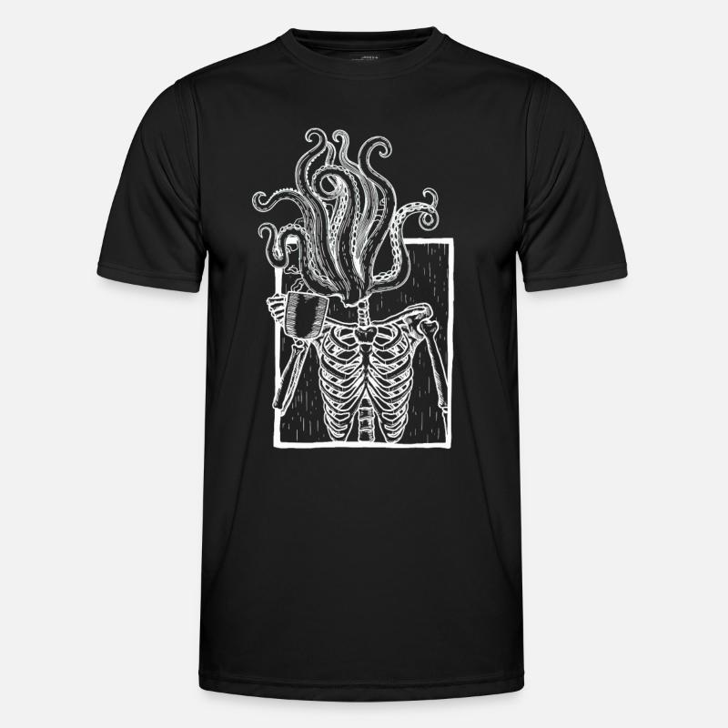 Coffee-drinking skeleton with tentacle head - Men's Functional T-Shirt - black