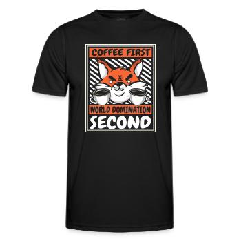 Le café d’abord, puis la domination du monde, le renard roux - T-shirt sport Homme - noir - Devant - AI Model Male 178 dark (178cm)