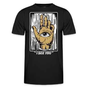 Halloween Eye-catcher: "I See You" - Eye-in-Hand - Men's Functional T-Shirt - black - Front - AI Model Male 178 dark (178cm)