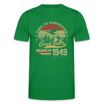 75 years old Aged to Perfection born in March 1949 - Men's Functional T-Shirt - kelly green - Front - AI Model Male 178 dark (178cm)