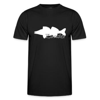 Pike-perch in white with grey lettering - Men's Functional T-Shirt - black - Front - AI Model Male 178 dark (178cm)