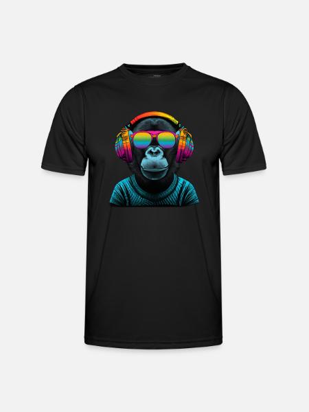 Regenbogen Affe mit Kopfhörer - Männer Funktions-T-Shirt - Schwarz