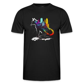Chat avec une ville colorée sur le dos - T-shirt sport Homme - noir - Devant - AI Model Male 178 dark (178cm)