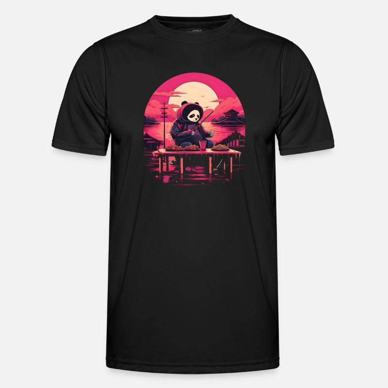 Synthwave eating Panda Japan Sunset Männer Funktions-T-Shirt
