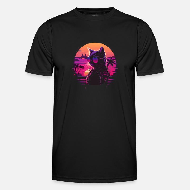 Synthwave cat sunset - Männer Funktions-T-Shirt - Schwarz