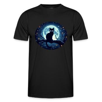 Cat sitting on a branch at full moon - Men's Functional T-Shirt - black - Front - AI Model Male 178 dark (178cm)