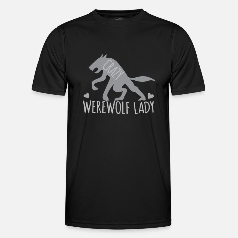Crazy werewolf lady with grey walking wolf - Men's Functional T-Shirt - black
