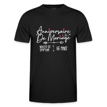 Anniversaire de mariage 16 ans - Noces de Saphir - T-shirt sport Homme - noir - Devant - AI Model Male 178 dark (178cm)