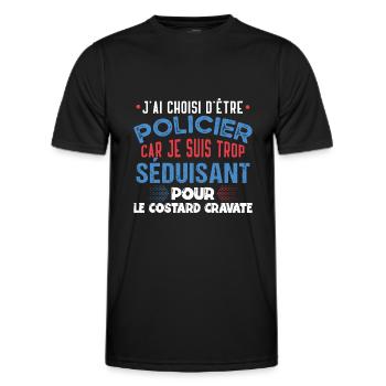 Policier métier humour cadeau police. Anniversaire - T-shirt sport Homme - noir - Devant - AI Model Male 178 dark (178cm)