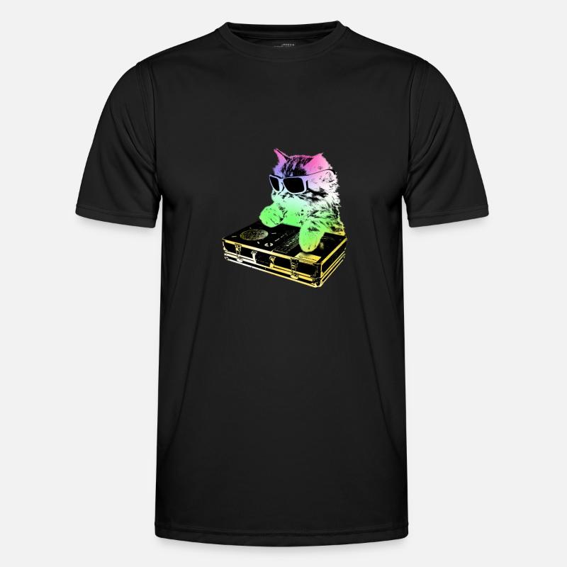 Rainbow DJ Cat - scratching - Men's Functional T-Shirt - black