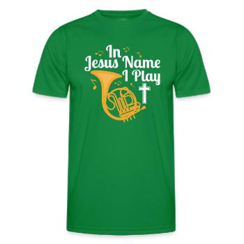In Jesus Name I Play Hornist Horn Player - Men's Functional T-Shirt - kelly green - Front - AI Model Male 178 dark (178cm)