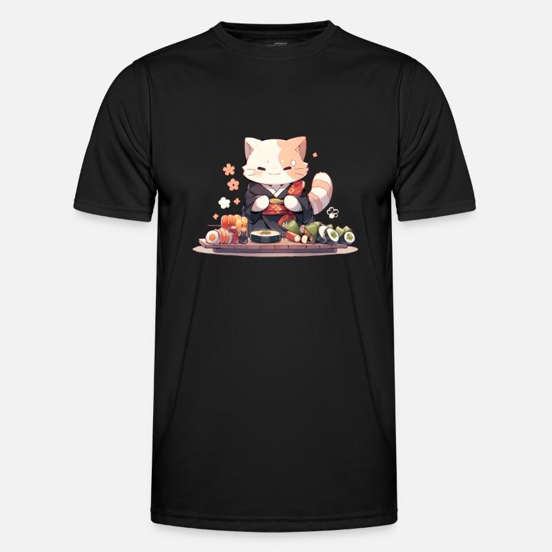 Samurai Cat eat Sushi - Männer Funktions-T-Shirt - Schwarz