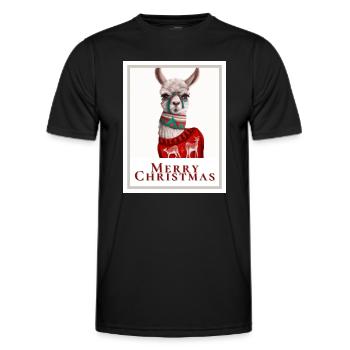 Photo of a cute llama in a Christmas sweater. - Men's Functional T-Shirt - black - Front - AI Model Male 178 dark (178cm)