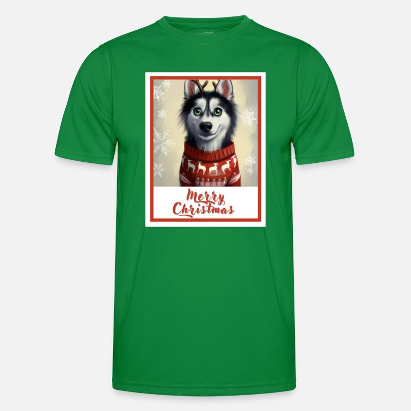 Junger Husky im Weihnachtspullover mit Rentieren. Männer Funktions-T-Shirt