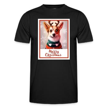 A dog (Pembroke Corgi) in a red Christmas sweater. - Men's Functional T-Shirt - black - Front - AI Model Male 178 dark (178cm)