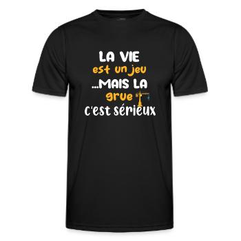La vie est un jeu mais la grue c'est sérieux - T-shirt sport Homme - noir - Devant - AI Model Male 178 dark (178cm)