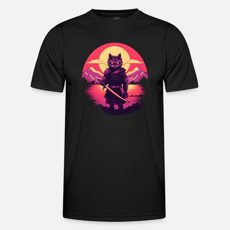 Synthwave samurai Cat Männer Funktions-T-Shirt
