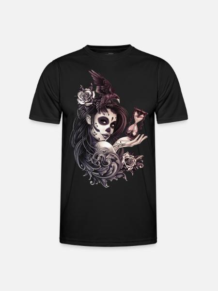 Tattoo stijl suiker schedel meisje met vogel - Functioneel T-shirt voor mannen - zwart