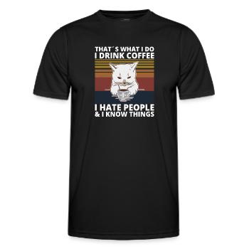 Drink Coffee hate Peope know things Katze Cat - Männer Funktions-T-Shirt - Schwarz - Vorne - AI Model Male 178 dark (178cm)