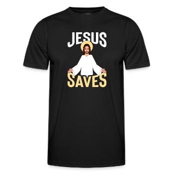 Jesus Saves mit Heiligen schein - Männer Funktions-T-Shirt - Schwarz - Vorne - AI Model Male 178 dark (178cm)