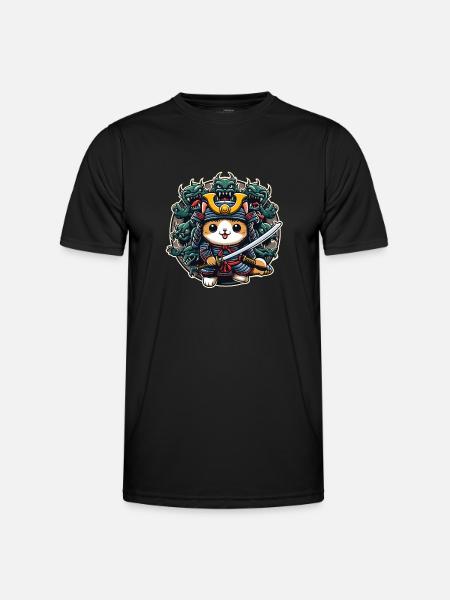 Samurai-Ninja-Katze und Monster dahinter - Männer Funktions-T-Shirt - Schwarz