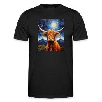 Sternennacht Schottische Highlander-Kuh van Gogh - Männer Funktions-T-Shirt - Schwarz - Vorne - AI Model Male 178 dark (178cm)