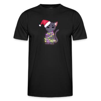 Cute Black Cat Wearing Santa Hat, Xmas Lights - Men's Functional T-Shirt - black - Front - AI Model Male 178 dark (178cm)