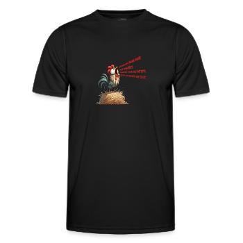 Comic rooster crowing on straw bale - Men's Functional T-Shirt - black - Front - AI Model Male 178 dark (178cm)