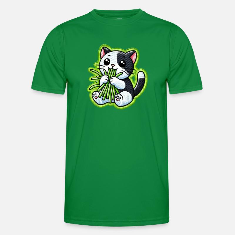 Mignon chat noir et blanc mangeant de l’herbe verte T-shirt sport Homme