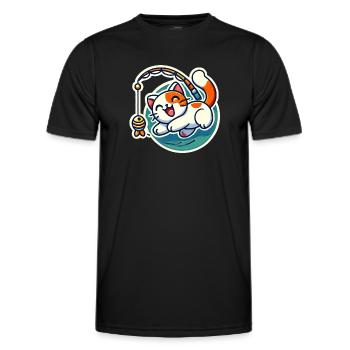Süße rotbraune weiße Katze spielt mit einer Katzenangelrute - Männer Funktions-T-Shirt - Schwarz - Vorne - AI Model Male 178 dark (178cm)