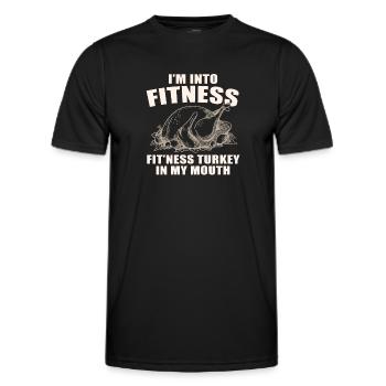 Je suis dans le fitness Fit’ness Dinde dans ma bouche - T-shirt sport Homme - noir - Devant - AI Model Male 178 dark (178cm)