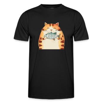 Chat joyeux avec câlin de poisson - T-shirt sport Homme - noir - Devant - AI Model Male 178 dark (178cm)