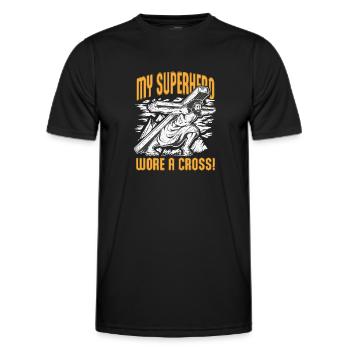Mein Superheld trug ein Kreuz Inspirierender Christ - Männer Funktions-T-Shirt - Schwarz - Vorne - AI Model Male 178 dark (178cm)