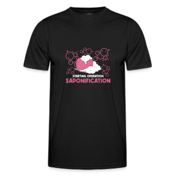 Démarrage de l’opération Saponification - Fabrication de savon - T-shirt sport Homme - noir - Devant - AI Model Male 178 dark (178cm)