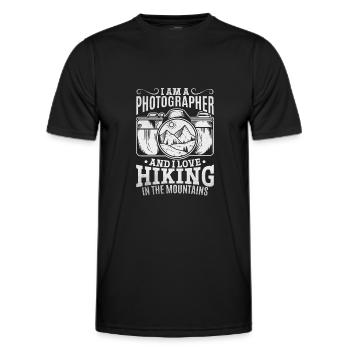 Photo Je suis photographe J’adore faire de la randonnée dans le - T-shirt sport Homme - noir - Devant - AI Model Male 178 dark (178cm)