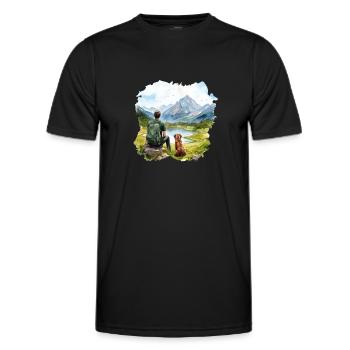Homme avec chien Randonnée Montagnes en plein air Lac - T-shirt sport Homme - noir - Devant - AI Model Male 178 dark (178cm)