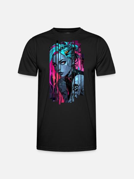 Neonblaues Cyber-Mädchen - Männer Funktions-T-Shirt - Schwarz