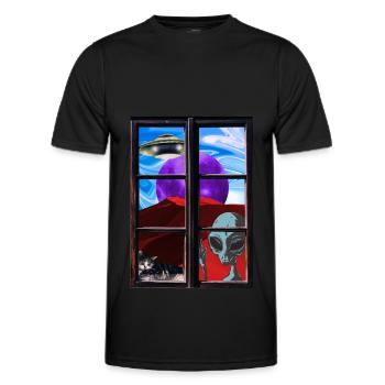 Strange alien cat UFO - Men's Functional T-Shirt - black - Front - AI Model Male 178 dark (178cm)