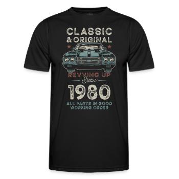Né en 1980 Anniversaire Voiture classique - T-shirt sport Homme - noir - Devant - AI Model Male 178 dark (178cm)