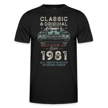 Né en 1981 Anniversaire Voiture classique - T-shirt sport Homme - noir - Devant - AI Model Male 178 dark (178cm)