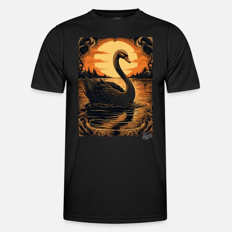Holzschnitt eines Schwans auf einem See Männer Funktions-T-Shirt