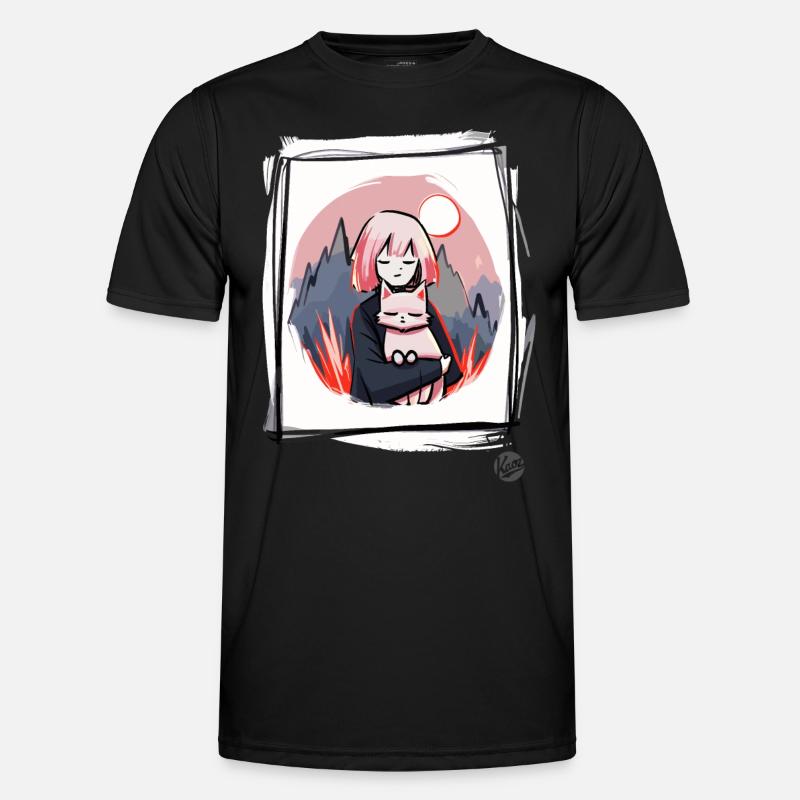 Mädchen mit Katze - Männer Funktions-T-Shirt - Schwarz