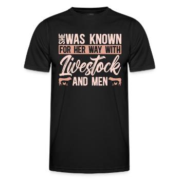 Éleveuse de bétail, elle était connue pour ses animaux de ferme - T-shirt sport Homme - noir - Devant - AI Model Male 178 dark (178cm)