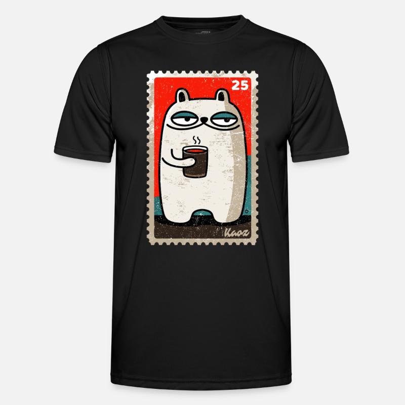 Kaffee-Katze als Comic-Briefmarke Männer Funktions-T-Shirt
