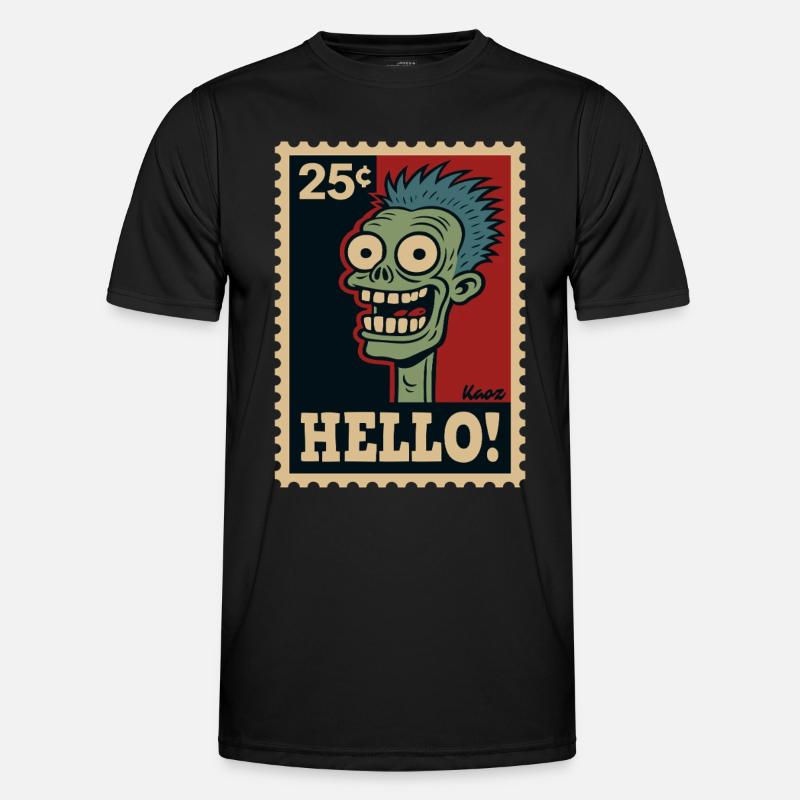 Comic-Zombie auf Briefmarke mit „HALLO!“ Männer Funktions-T-Shirt