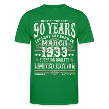 Born in March 1933 - 90 years old - Men's Functional T-Shirt - kelly green - Front - AI Model Male 178 dark (178cm)