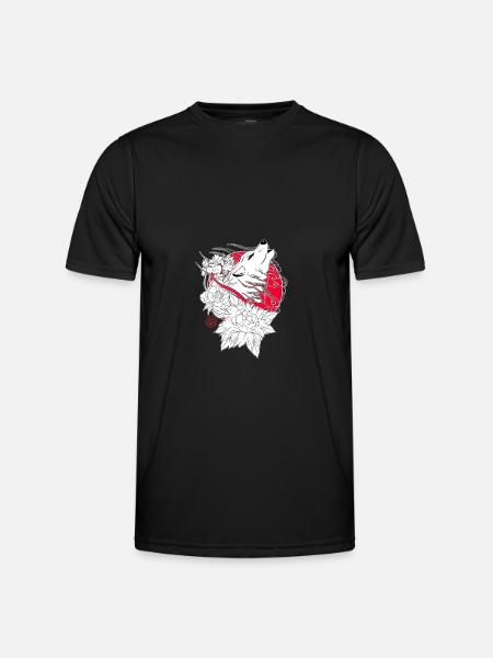 Wolf, iris en pioenroos uit Japan - Functioneel T-shirt voor mannen - zwart