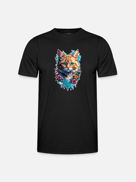 chat et fleur aquarelle - T-shirt sport Homme - noir