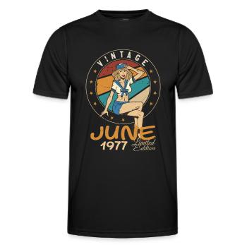 Millésime 1977 - Né en Juin 1977 - T-shirt sport Homme - noir - Devant - AI Model Male 178 dark (178cm)